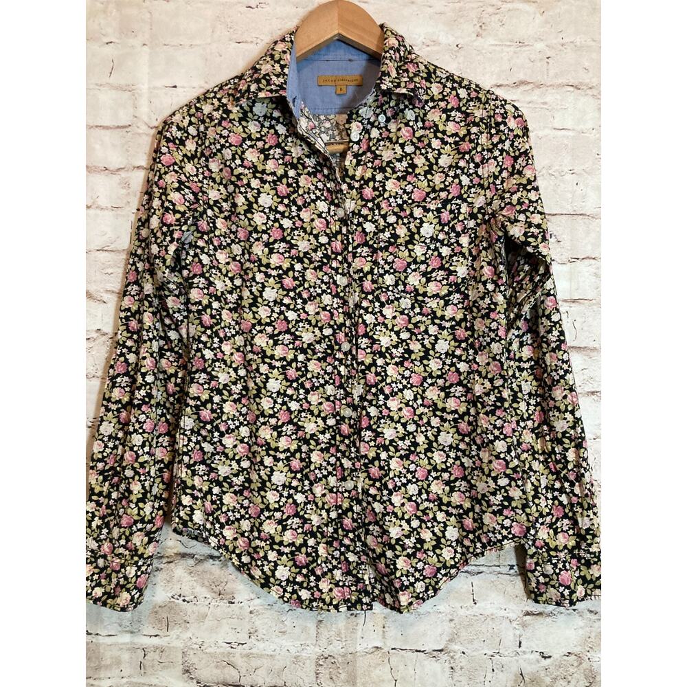 JACHS Girlfriend Shirt Womens 6 Black Micro Floral Button‎ Up Cotton Long Sleeve